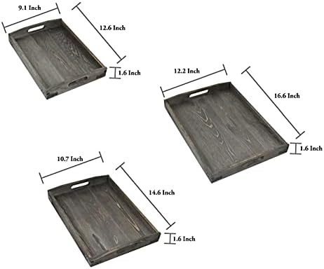 Owlgift Vintage Grey Wood Serving Trays with Brass Metal Wrap Accents