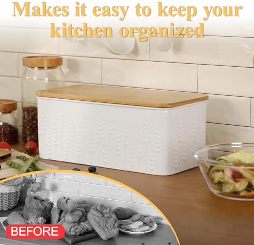 Large White Ear of Wheat Embossed Bread Box with Bamboo Lid