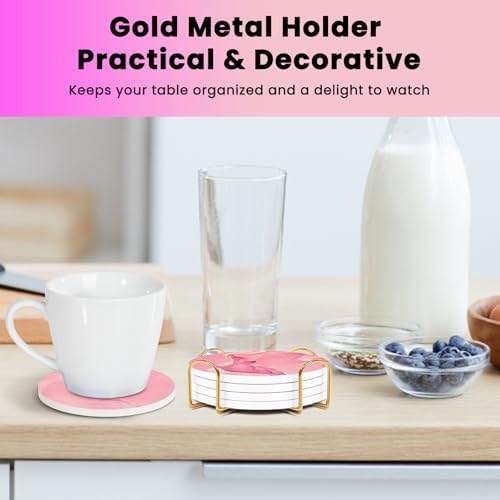 Pink Ceramic Coasters Set of 4 with Gold Holder, Cute Coasters