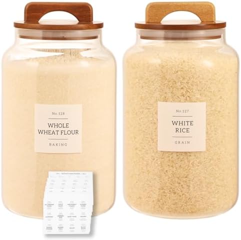 2 Pack Large Glass Flour and Sugar Containers with 132 Pantry Labels