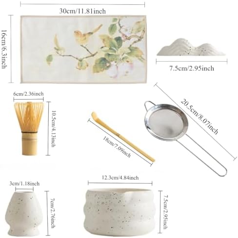 7-piece matcha kit includes matcha bowl. white speckled matcha tea set
