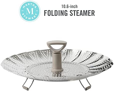 Martha Stewart Richburn 10.6-Inch Telescopic Folding Steamer Insert with Nylon Handle – Mirror Finish, Durable Stainless Steel Vegetable and Food Steamer