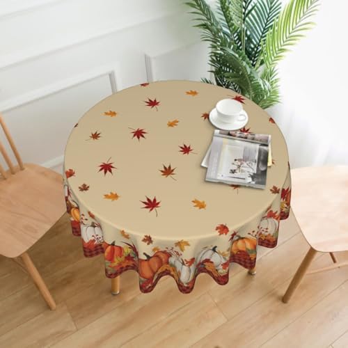 Fall Tablecloth 60 Inch Round White Orange Pumkins Festival Table