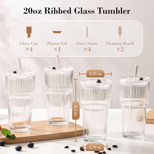 20oz Iced Coffee Cups with Lids, Ribbed Glass Cups with Lids and