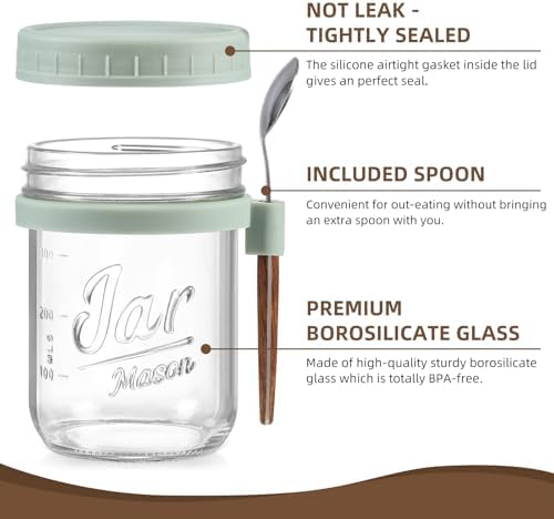 6 Pack Overnight Oats Containers with Lids and Spoons, 16 oz Glass