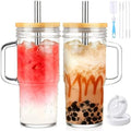 Birity 24oz Glass Tumbler with/Lid & Straw, Handle 2‐Pack Iced Coffee