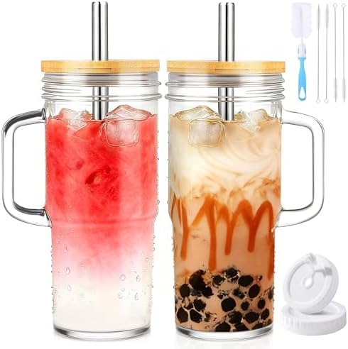Birity 24oz Glass Tumbler with/Lid & Straw, Handle 2‐Pack Iced Coffee