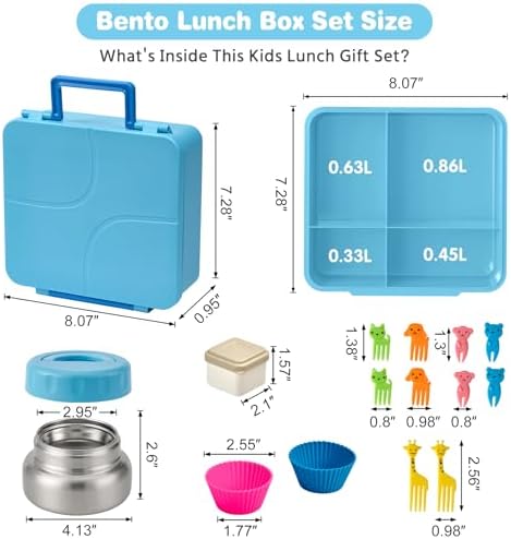 Bento Lunch Box with 9.5 oz Soup Thermo, Kids Leakproof 4 Compartments
