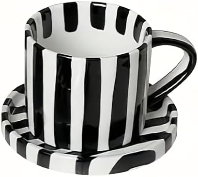 Black and White Striped Tea Cup and Saucer Set of 2, 8 oz Ceramic
