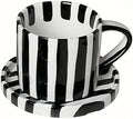 Black and White Striped Tea Cup and Saucer Set of 2, 8 oz Ceramic
