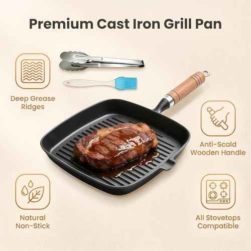 Cast Iron Grill Pan, 8.6 inch Griddle Pan Skillet with Pour Spout & Wooden Handle