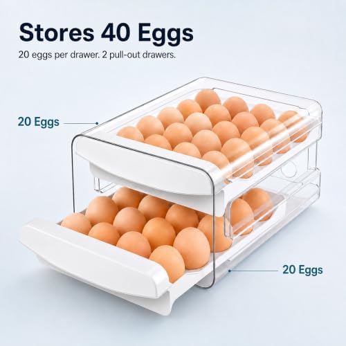 Egg Holder for Fridge, 40-Egg Organizer with Drawers