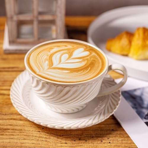 12 OZ Latte Cup with Saucer, Cappuccino Cup Vintage Cafe Art Cups for
