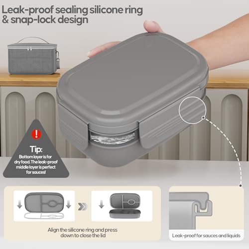 Adults Bento Lunch Box Set with Lunch Bag, Grey