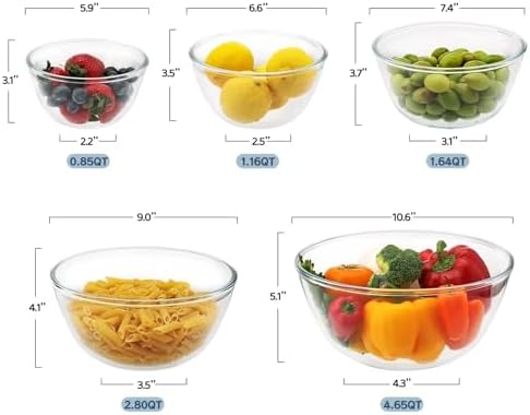 5pc Glass Mixing Bowls Sets (4.65QT, 2.80QT, 1.64QT, 1.16QT, 0.85QT)
