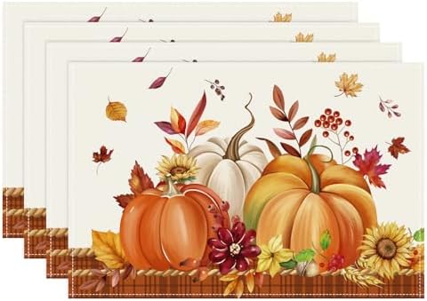 Bonhause Orange Pumpkins Fall Placemats Set of 4, 12x18 Inch Autumn