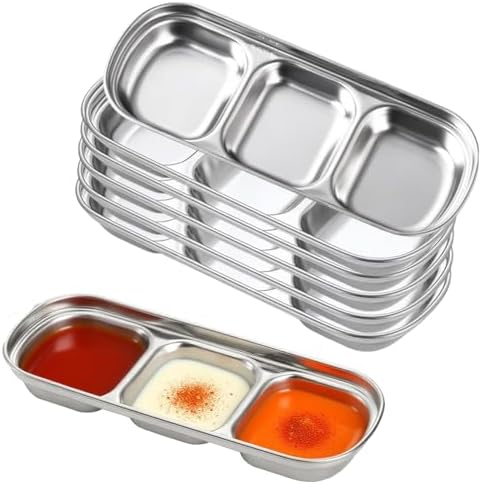 6 Pcs Soy Sauce Dish Stainless Steel 3 Compartment Korean Sauce Plate