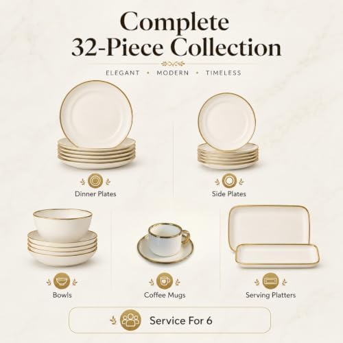 32-Piece Ceramic Dinnerware Set for 6, White Tableware Set with Gold
