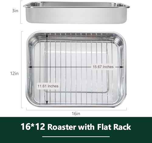 304 Stainless Steel Roasting Oven Pan: Roaster Pans With Rack & Handles 16.5 * 12.4 * 3 inches - Kitchen Baking Appliances for Turkey Chicken Beef - Kitchen Cookware Gifts for Women Homeowner