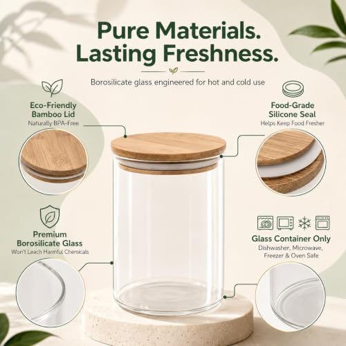 Set of 5 Glass Kitchen Canisters with Airtight Bamboo Lid - Glass