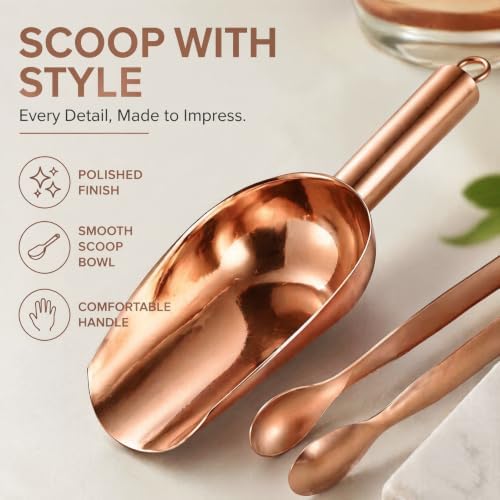 Rose Gold Stainless Steel Ice Scoop Set with Clip & 2 Hooks for