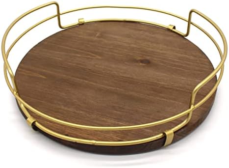 CVHOMEDECO. Decorative Tray with Golden Handle Round Wood Serving Tray