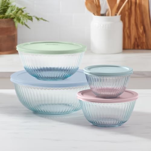Pyrex Ribbed Glass Mixing Bowl Set with Pastel Lids, 8 Piece Nesting