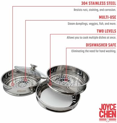 Joyce Chen 10-Inch Stainless Steel Two-Tier Steamer with Glass Lid & Wok Adapter Ring, 304 Stainless Steel, Dishwasher Safe