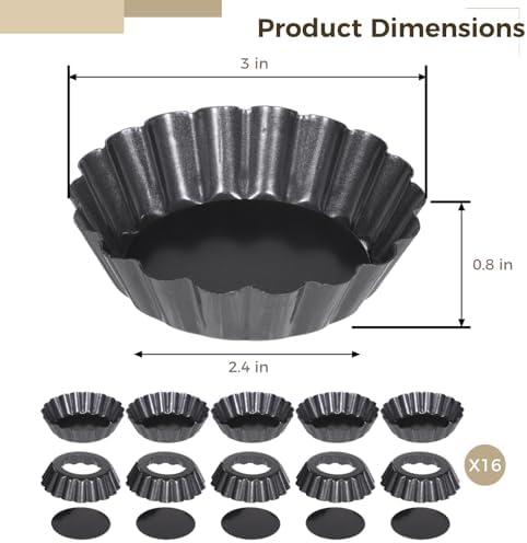 Homaisson 16 PCS Mini Removable Bottom Tart Pans, 3 in Nonstick Carbon