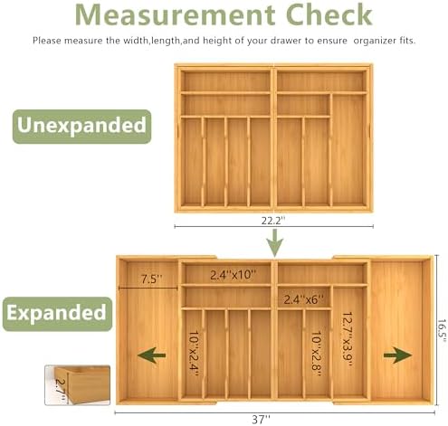 Suli Extra Large Silverware Drawer Organizer,Expandable 22in to 37in,Bamboo