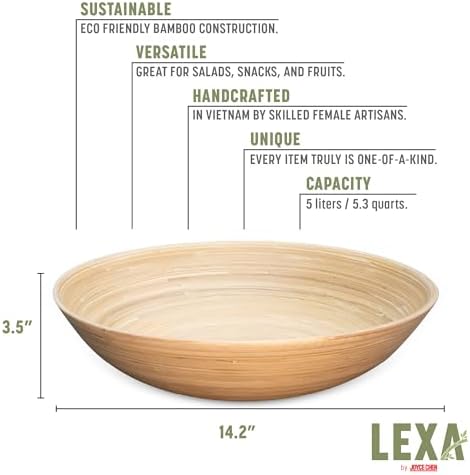 LEXA 14" Handmade Bamboo Salad Bowl – 130 oz Large Wooden Fruit Bowl
