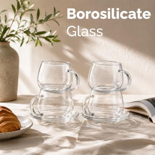 Tosnail 4 Pack Glass Cups and Saucers Set, 11 oz