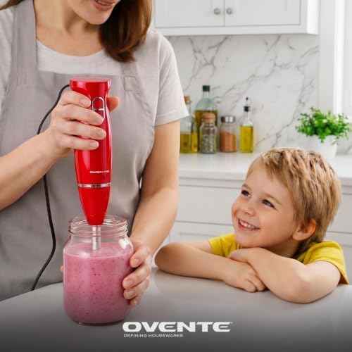 OVENTE Electric Corded Hand Blender, 300W with 2 Mixing Speeds Red