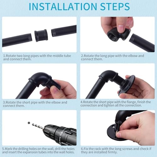 38 inch Pipe Hanging Rail for Pots, Pans, Lids, Kitchen Utensils, Wall Mounted Rail Rack Pipe Bar with 10 S Hooks Indutrial Style, Black