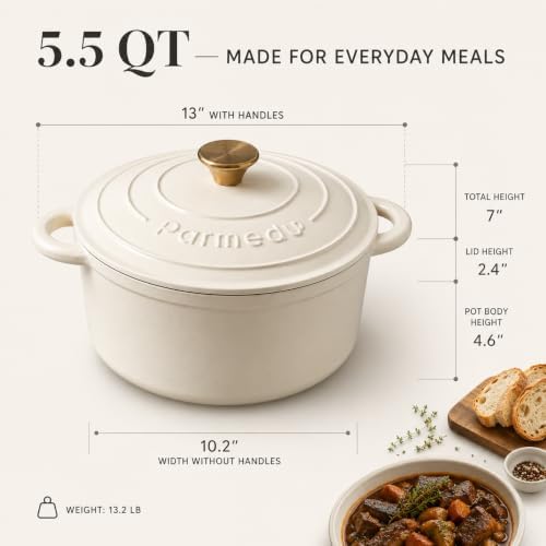 Parmedu 5.5QT Enameled Cast Iron Dutch Oven for Sourdough Bread White