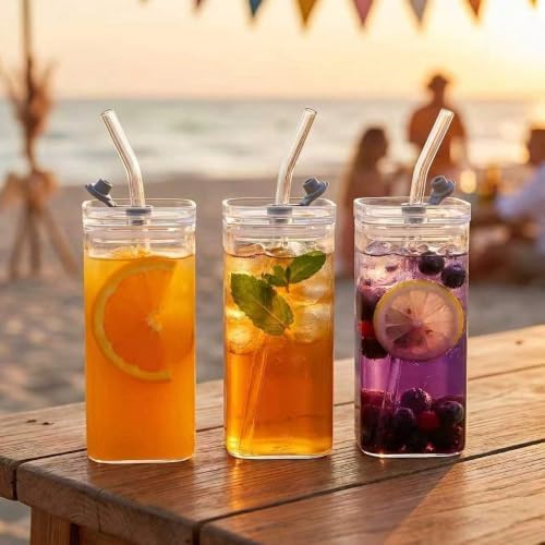 13oz Square Glass Cups with Lids and Straws, 4 Pcs Borosilicate Glass