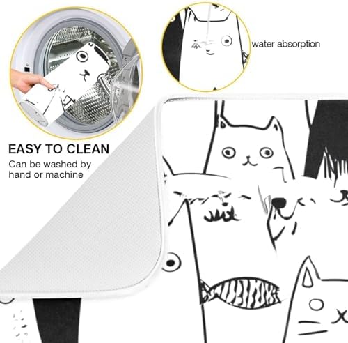 OTVEE Doodle Cat Dish Drying Mat for Kitchen Counter Absorbent Heat