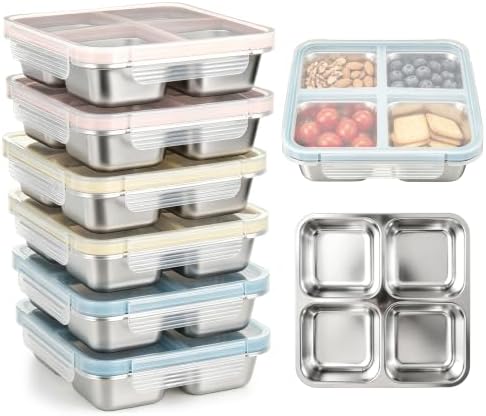 6 Pack Stainless Steel Snack Containers with Lids, 4-Compartment
