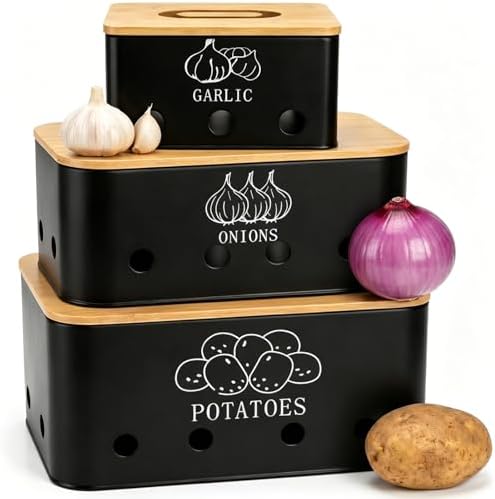 3 Pack Potato Onion Garlic Storage Set, Bamboo Lids