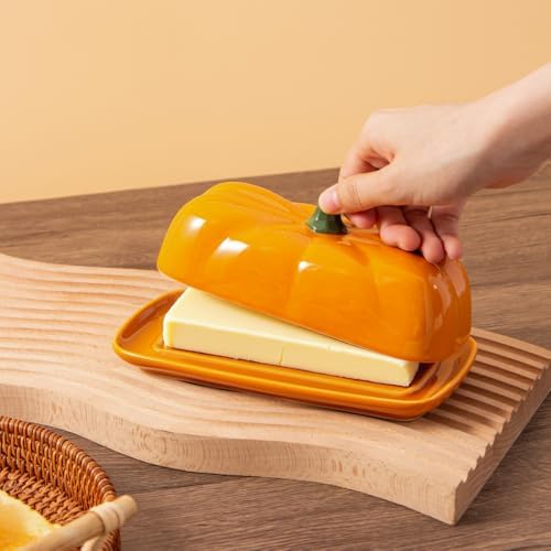 Orange Pumpkin Butter Dish, Ceramic Butter Container for Fall