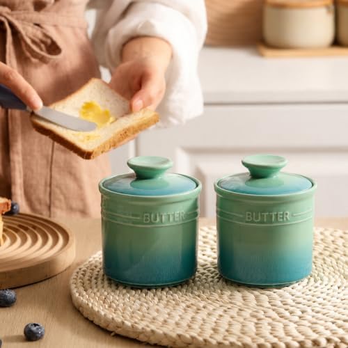 Ceramic French Butter Crock with Lid, Green