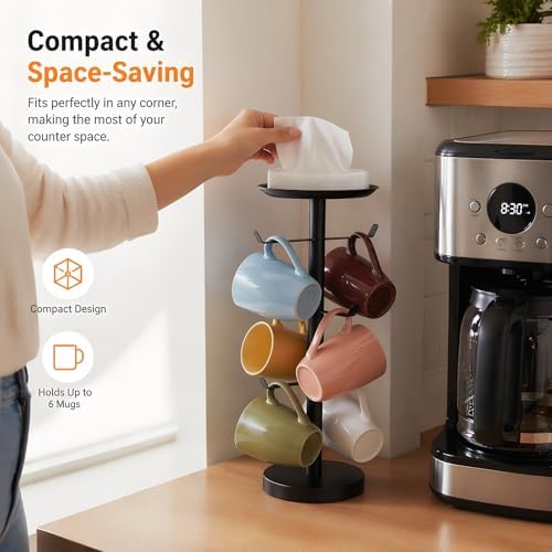 Coffee Mug Tree, Cup Holder for 6 Cups, with Tray for Phone, Tissues