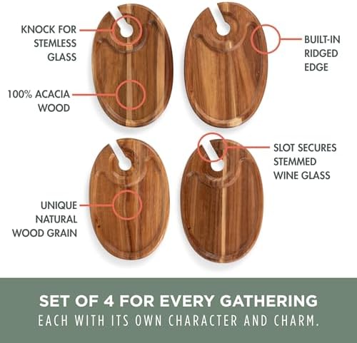 PICNIC TIME Wine Appetizer Plates, Set of 4 Wooden Cocktail Plates with Glass Holder, Mini Charcuterie Boards for Wine and Cheese Parties, Acacia Cheese Board Serving Trays (Oval - Acacia Wood)