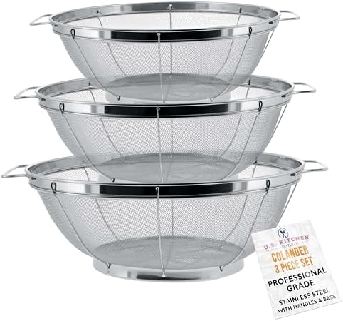 U.S. Kitchen Supply Set of 3 Stainless Steel Colander Strainers Net