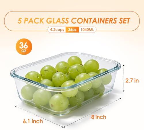 5-Pack 36 oz Glass Storage Containers with Lids, Grey