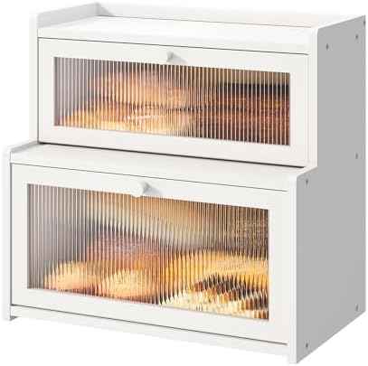 Bread Box for Kitchen Countertop Double Layer Large Corner Bread Box Capacity Bread Storage Bin Farmhouse Breadbox Container Organizer Cabinet Cupboard (White)
