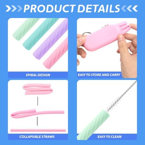 4 Sets Reusable Portable Silicone Straws with 4 Cleaning Brushes and
