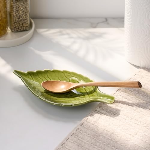 Green Ceramic Leaf Spoon Rest for Stovetop & Kitchen Counter, 1-Pack
