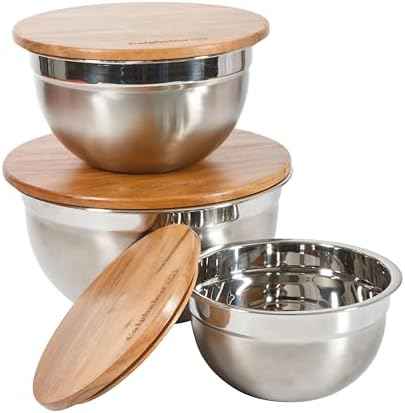Calphalon Orbit Mixing Bowl Set, 3-Piece Stainless Steel Mixing Bowls(1.5 Qt, 3 Qt, 5 Qt) with Acacia Wood Lids & Non-Slip Base, Kitchen Prep Bowls for Mixing, Serving & Food Storage