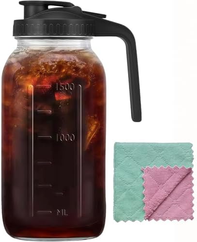 64oz Glass Pitcher Carafes With Handle and Lid, 2 Quart Mason Jar